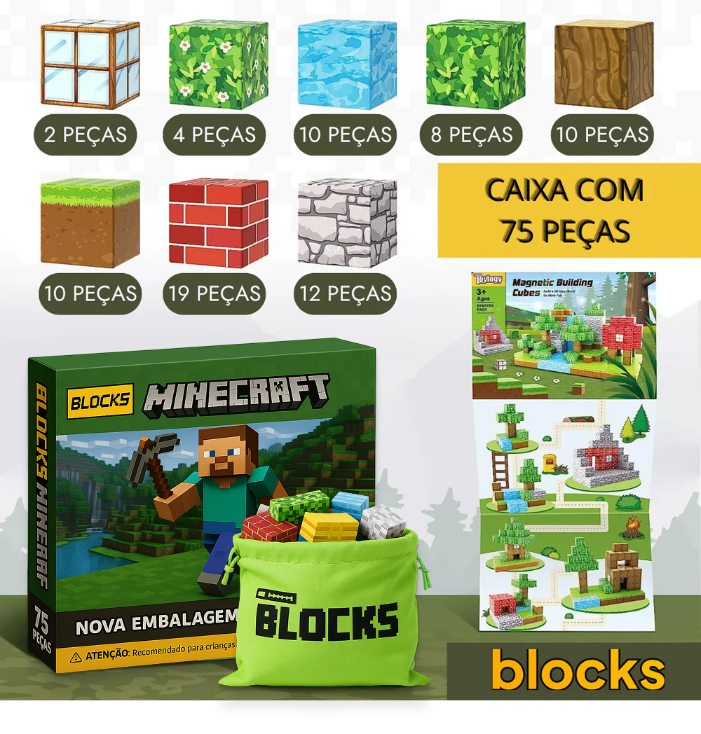 Dia das Crianças Minecraft - 48/64/75 peças (+5 Bonecos BRINDE Hoje)